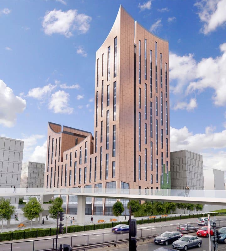 CGI of the hotel tower from street level