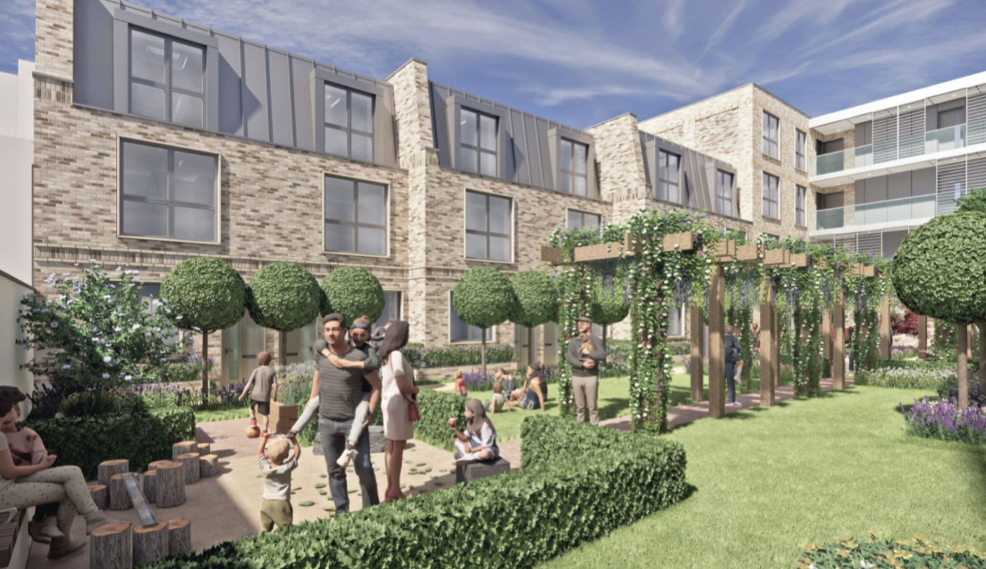 CGI of the courtyard gardens and pergola at Brighton Road, Surbiton