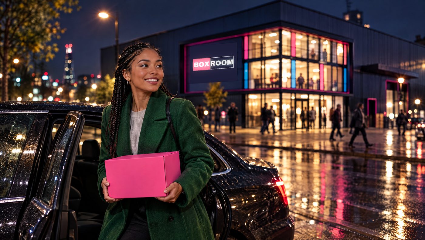 A customer with a pink Boxroom box stepping out of a ride-hail at night