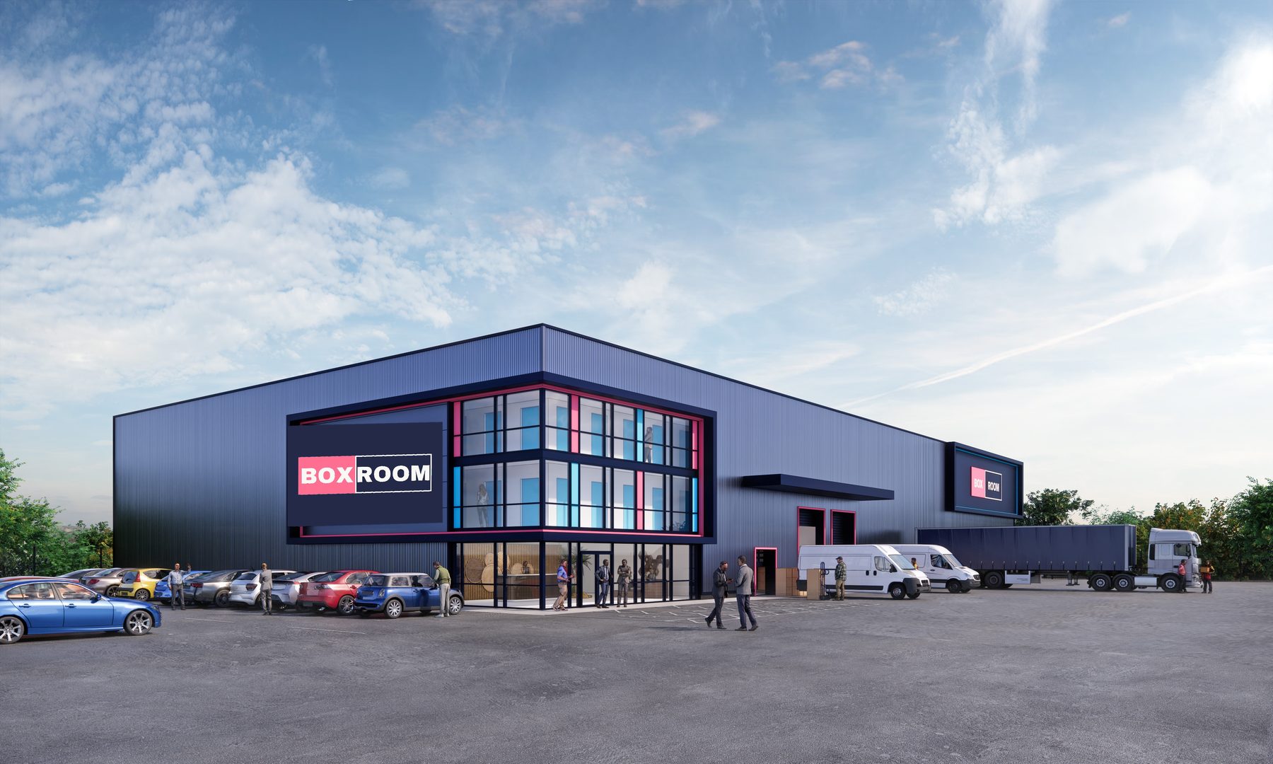 The Boxroom store: navy building with the illuminated BOX ROOM sign